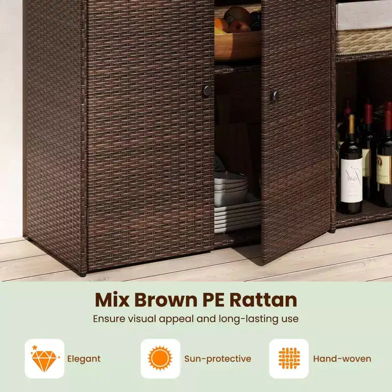 Armoire de rangement d'extérieur 3 portes avec tiroir en rotin marron mélangé – Montage par 1 personne