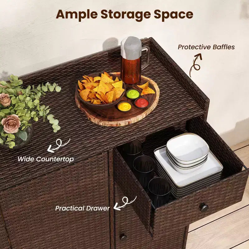 Armoire de rangement d'extérieur 3 portes avec tiroir en rotin marron mélangé – Montage par 1 personne
