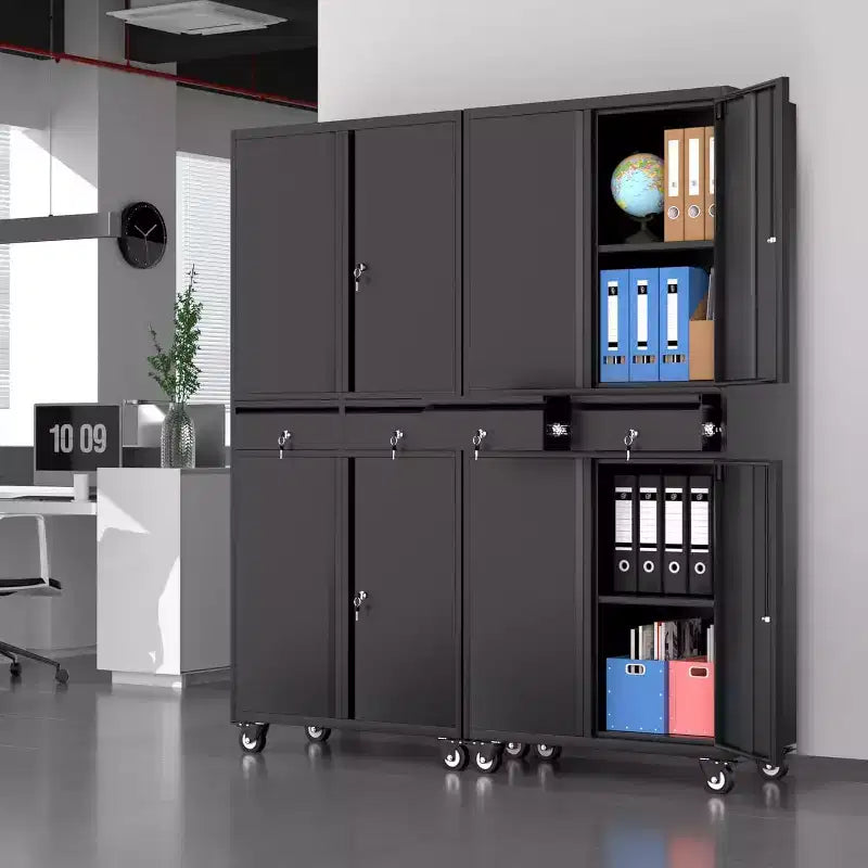 Armoire de rangement en acier noir, 4 portes avec 2 tiroirs, monoposte, 185 cm