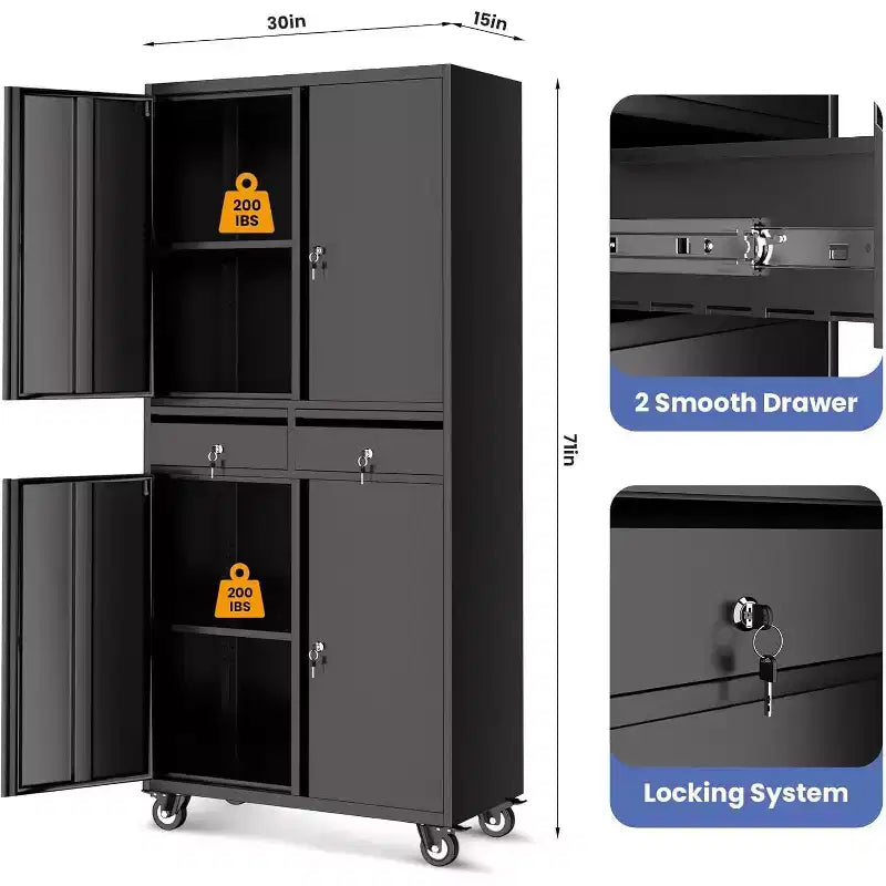 Armoire de rangement en acier noir, 4 portes avec 2 tiroirs, monoposte, 185 cm
