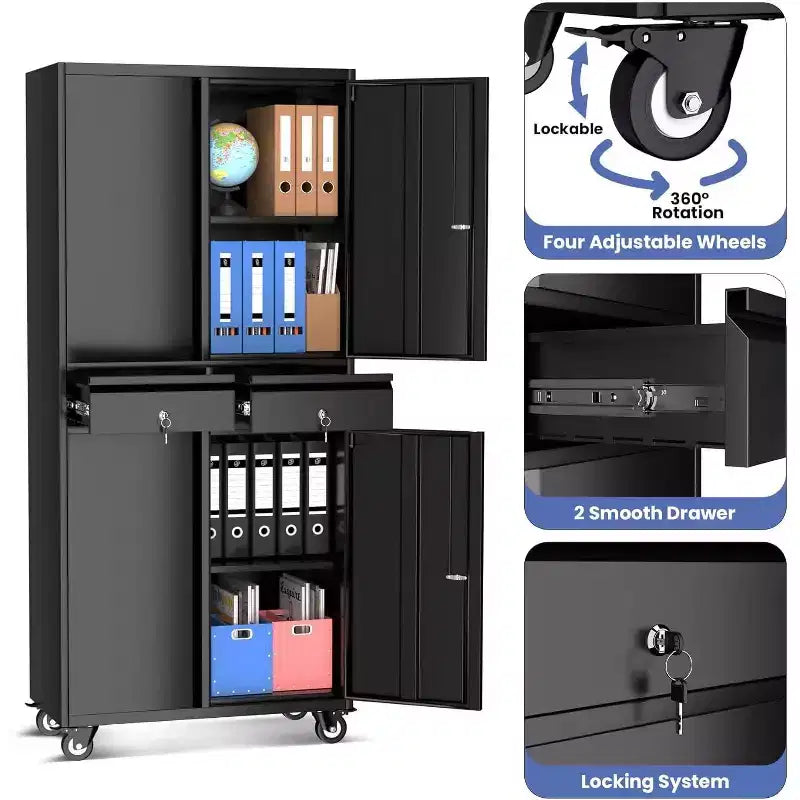 Armoire de rangement en acier noir, 4 portes avec 2 tiroirs, monoposte, 185 cm