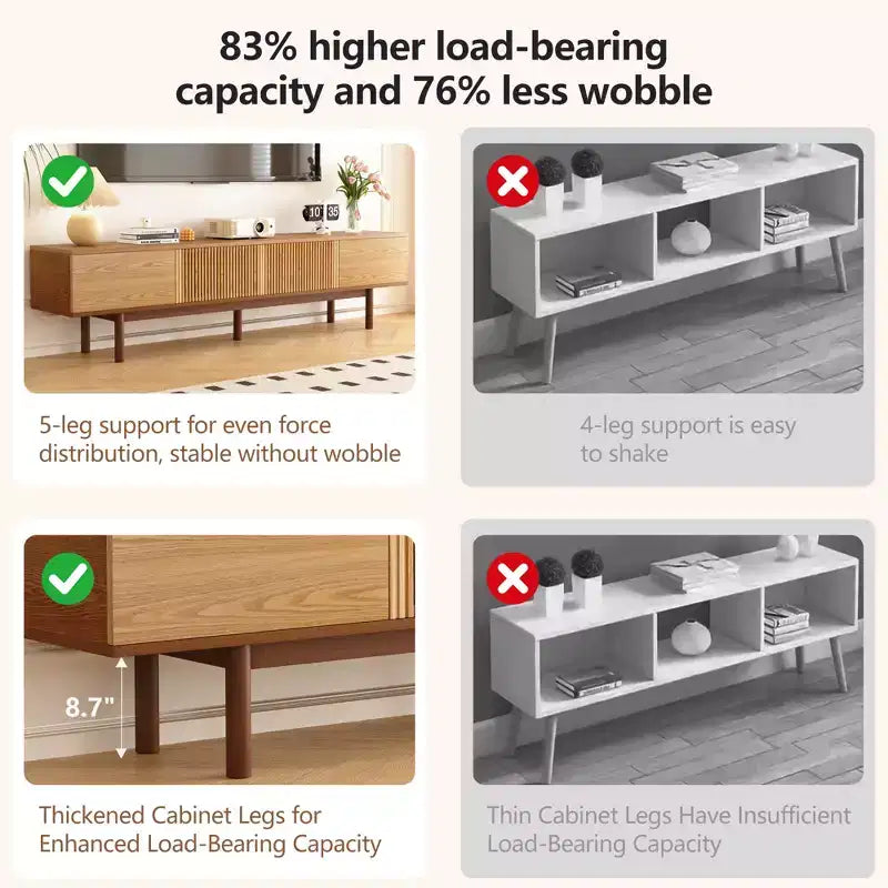 Meuble TV en bois naturel de 220 cm avec portes à lattes, pour téléviseurs jusqu'à 90"