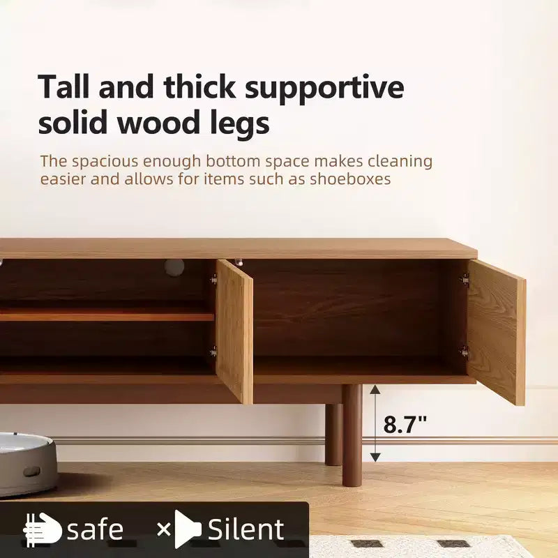 Meuble TV en bois naturel de 220 cm avec portes à lattes, pour téléviseurs jusqu'à 90"