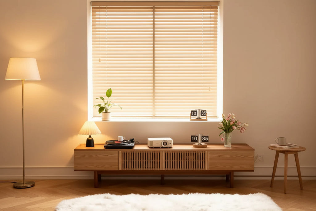 Meuble TV en bois naturel de 220 cm avec portes à lattes, pour téléviseurs jusqu'à 90"