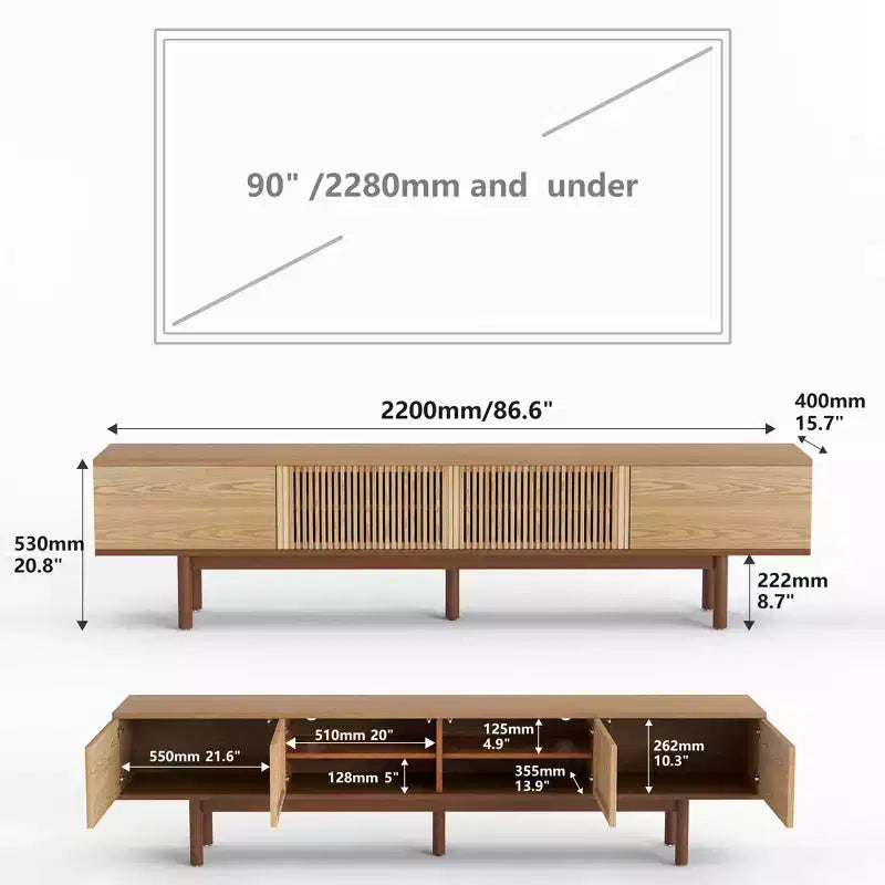 Meuble TV en bois naturel de 220 cm avec portes à lattes, pour téléviseurs jusqu'à 90"