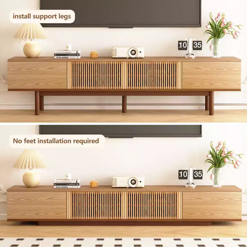 Meuble TV en bois naturel de 220 cm avec portes à lattes, pour téléviseurs jusqu'à 90"
