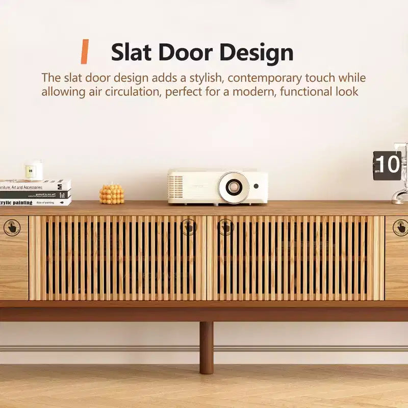 Meuble TV en bois naturel de 220 cm avec portes à lattes, pour téléviseurs jusqu'à 90"
