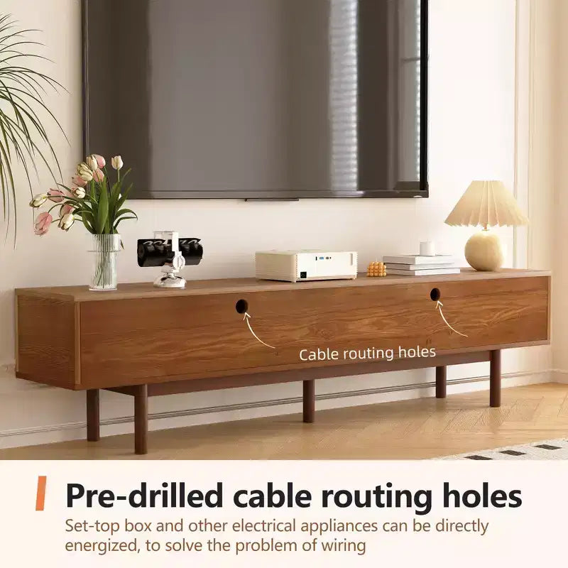 Meuble TV en bois naturel de 220 cm avec portes à lattes, pour téléviseurs jusqu'à 90"