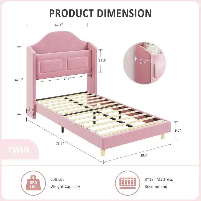Lit plateforme en velours bleu/rose/blanc avec tête de lit de rangement LED, simple, 1 personne