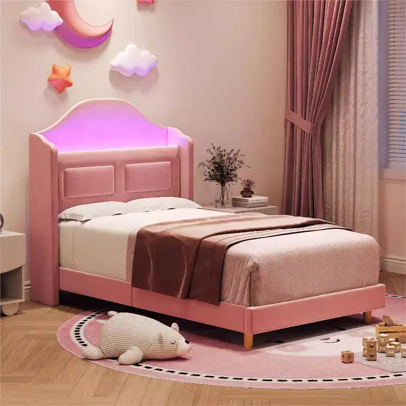 Lit plateforme en velours bleu/rose/blanc avec tête de lit de rangement LED, simple, 1 personne