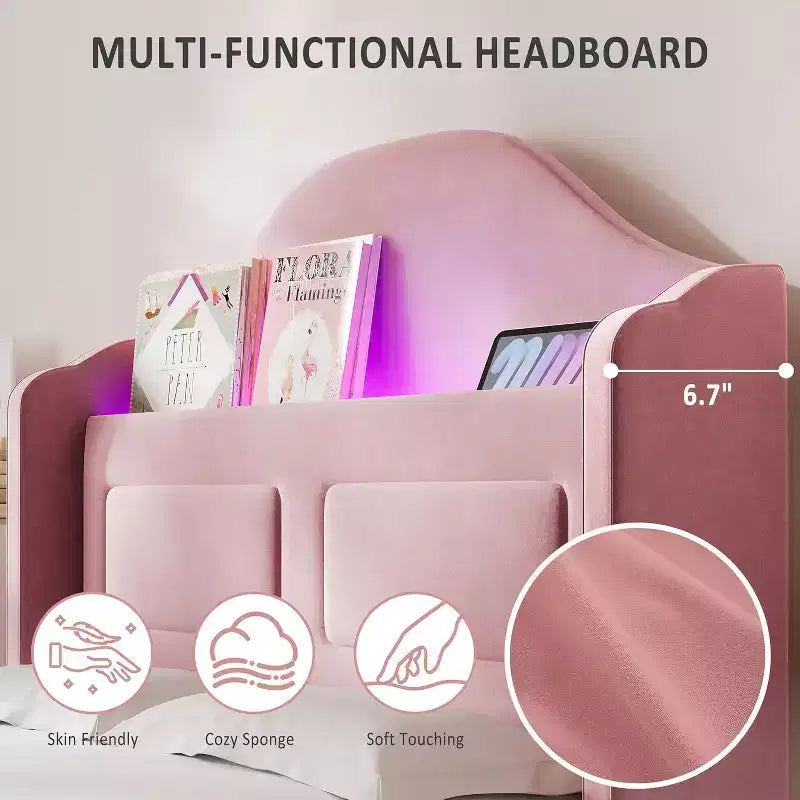 Lit plateforme en velours bleu/rose/blanc avec tête de lit de rangement LED, simple, 1 personne