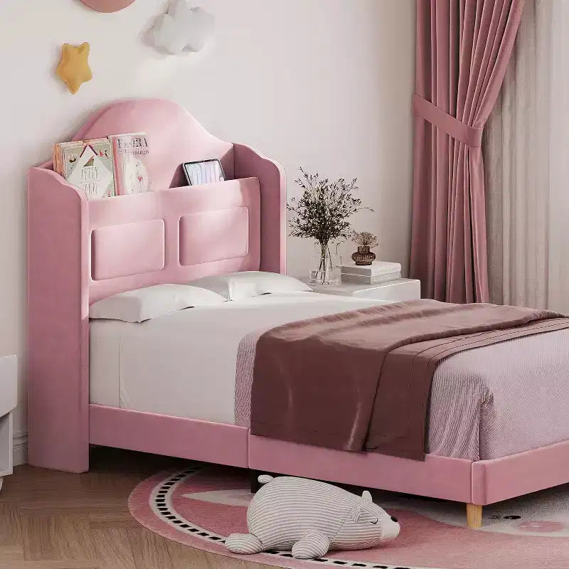 Lit plateforme en velours bleu/rose/blanc avec tête de lit de rangement LED, simple, 1 personne