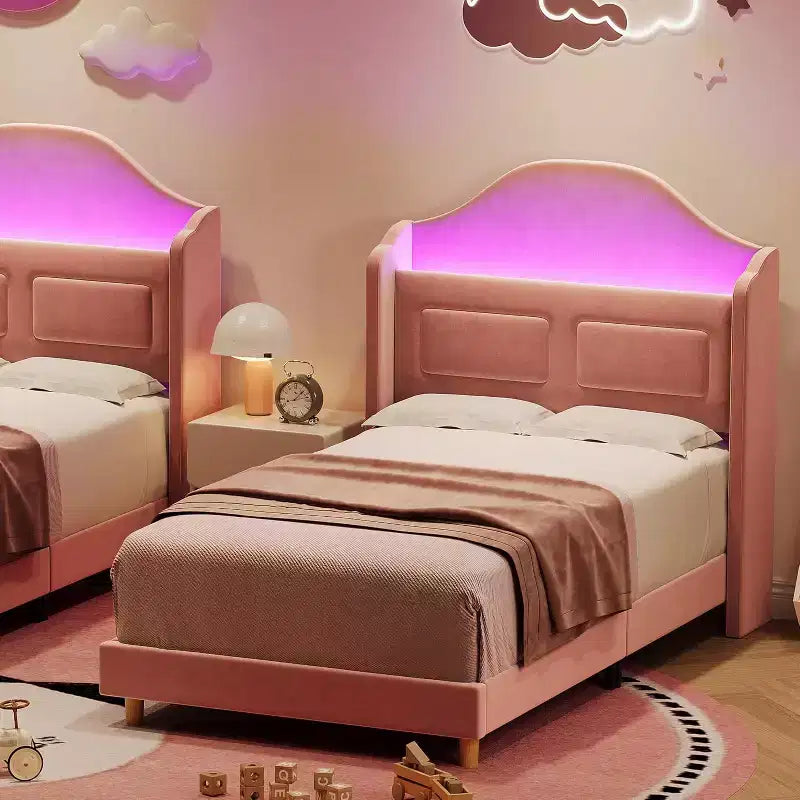 Lit plateforme en velours bleu/rose/blanc avec tête de lit de rangement LED, simple, 1 personne
