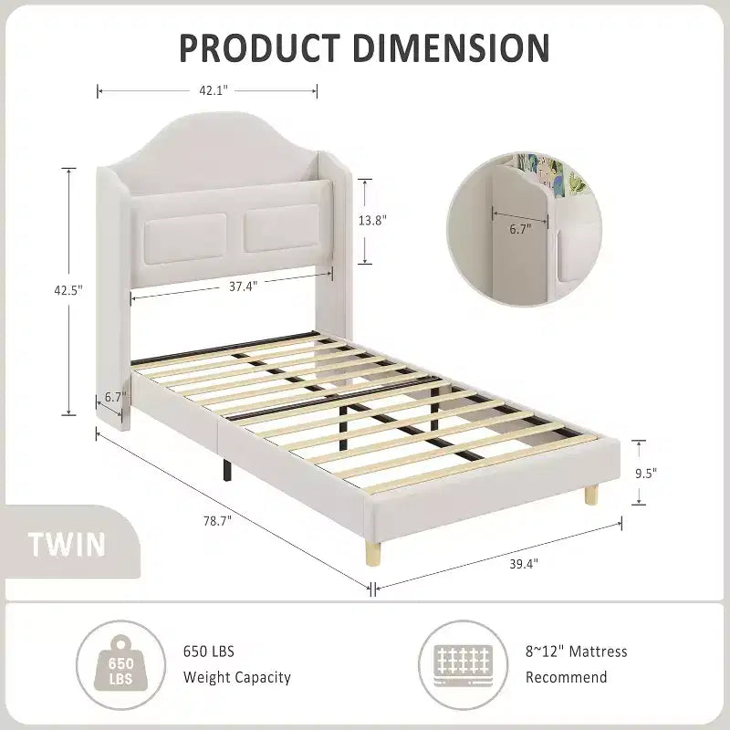 Lit plateforme en velours bleu/rose/blanc avec tête de lit de rangement LED, simple, 1 personne