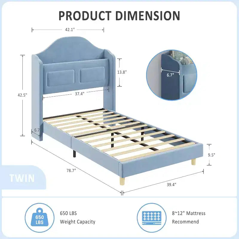 Lit plateforme en velours bleu/rose/blanc avec tête de lit de rangement LED, simple, 1 personne