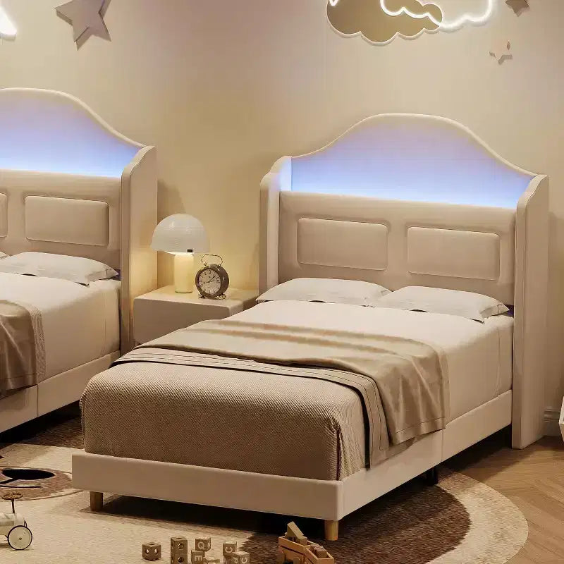 Lit plateforme en velours bleu/rose/blanc avec tête de lit de rangement LED, simple, 1 personne