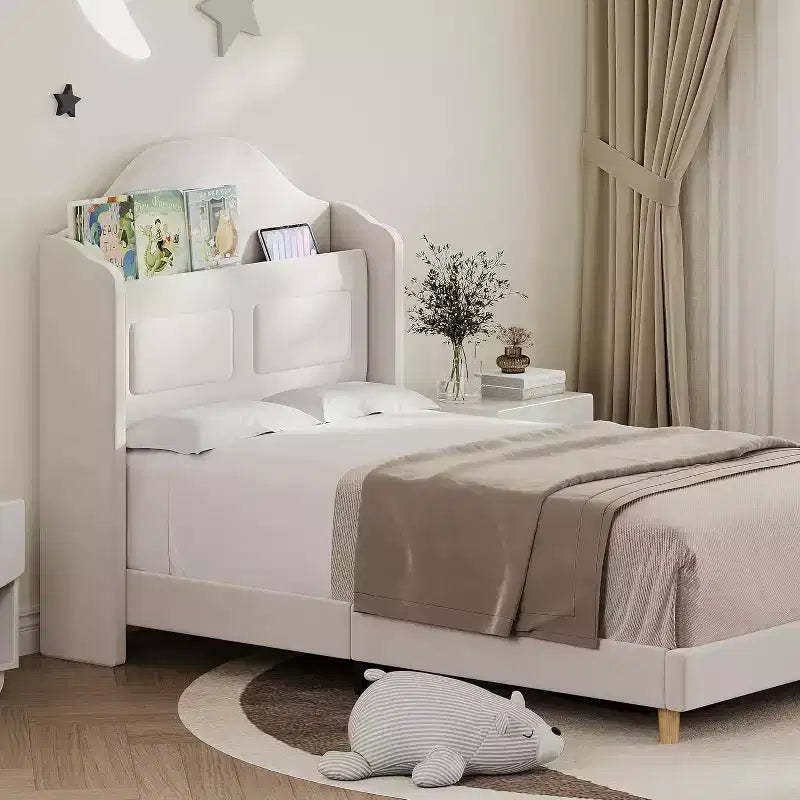 Lit plateforme en velours bleu/rose/blanc avec tête de lit de rangement LED, simple, 1 personne