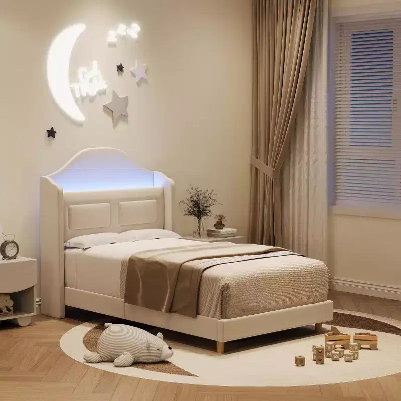 Lit plateforme en velours bleu/rose/blanc avec tête de lit de rangement LED, simple, 1 personne
