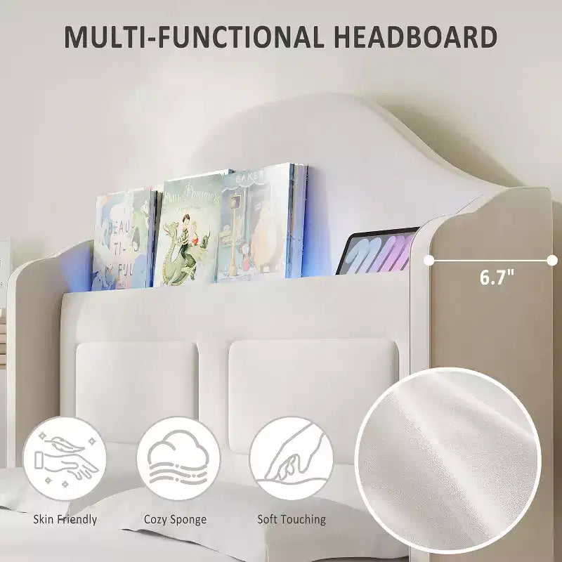Lit plateforme en velours bleu/rose/blanc avec tête de lit de rangement LED, simple, 1 personne