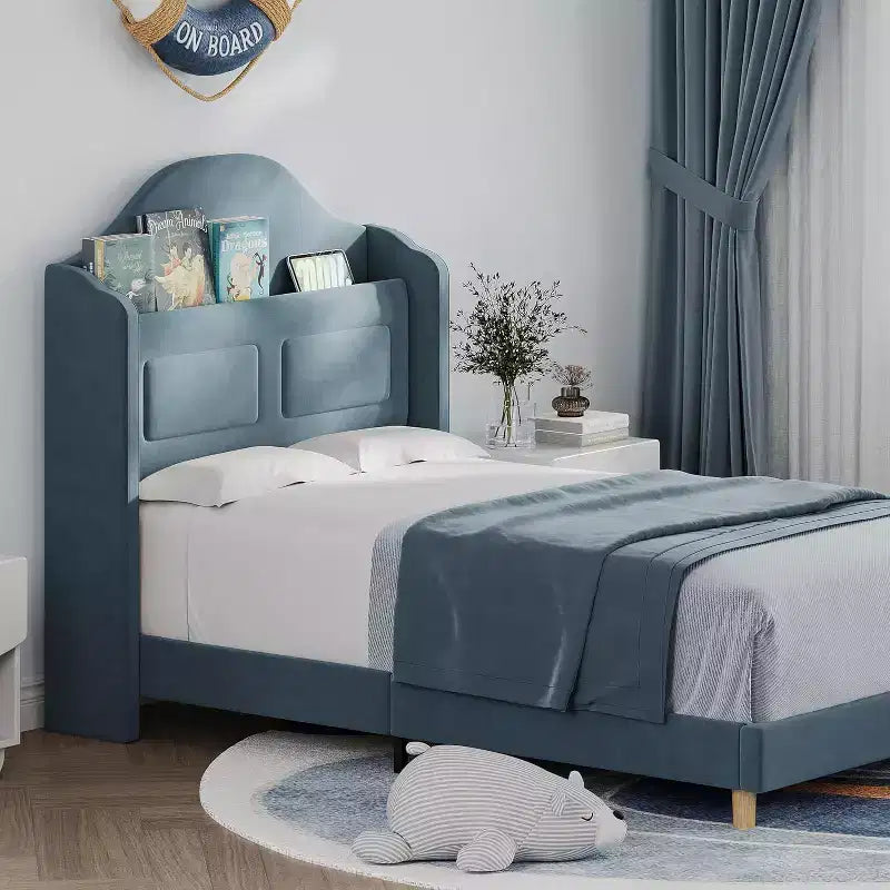 Lit plateforme en velours bleu/rose/blanc avec tête de lit de rangement LED, simple, 1 personne