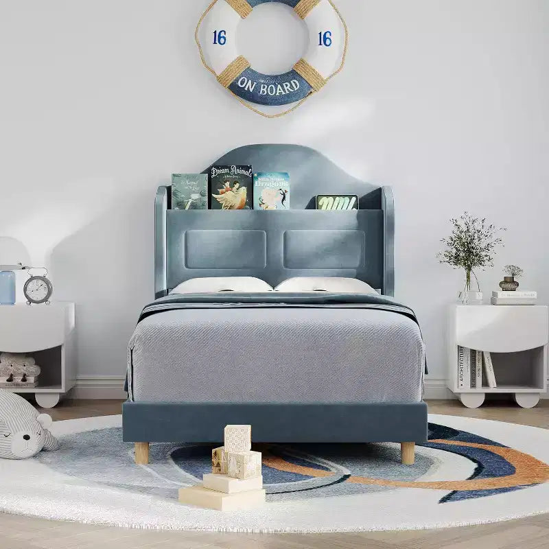 Lit plateforme en velours bleu/rose/blanc avec tête de lit de rangement LED, simple, 1 personne