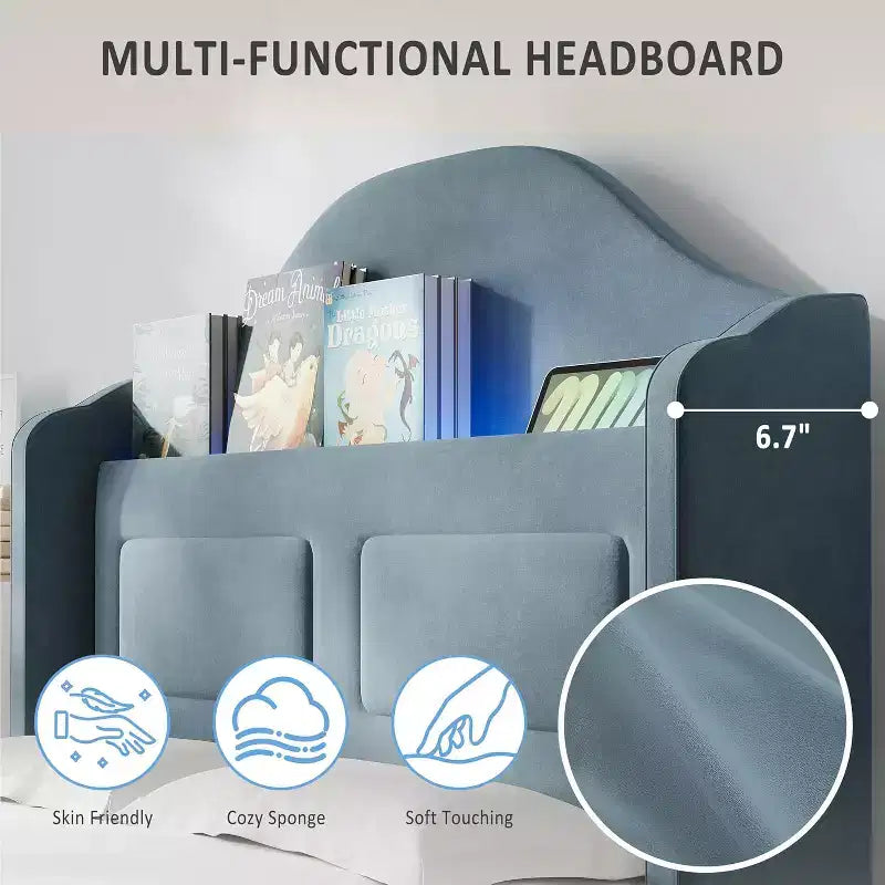 Lit plateforme en velours bleu/rose/blanc avec tête de lit de rangement LED, simple, 1 personne