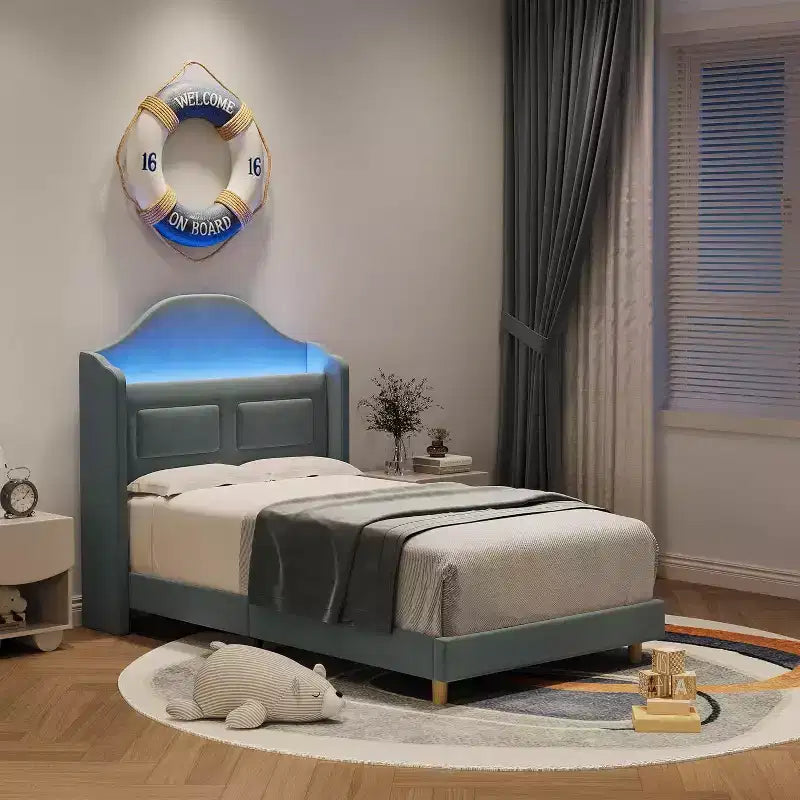 Lit plateforme en velours bleu/rose/blanc avec tête de lit de rangement LED, simple, 1 personne
