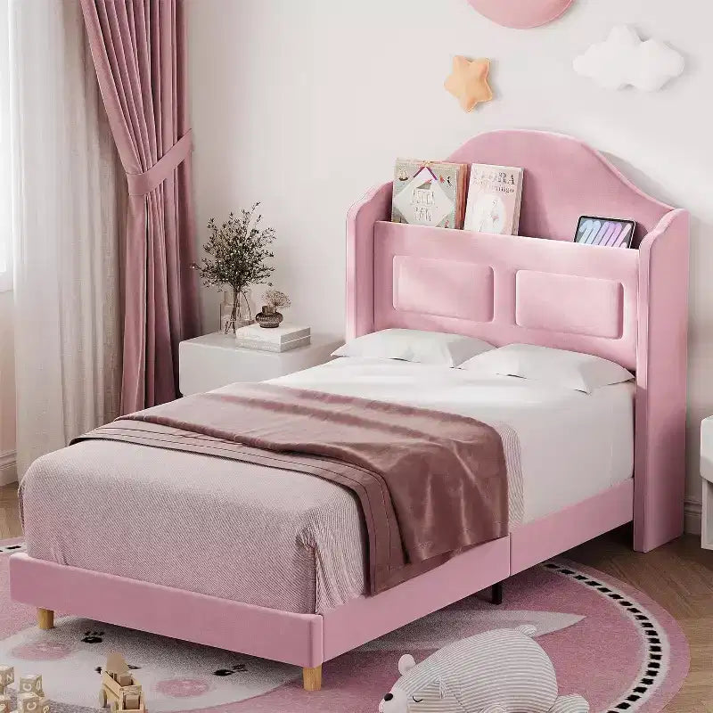 Lit plateforme en velours bleu/rose/blanc avec tête de lit de rangement LED, simple, 1 personne