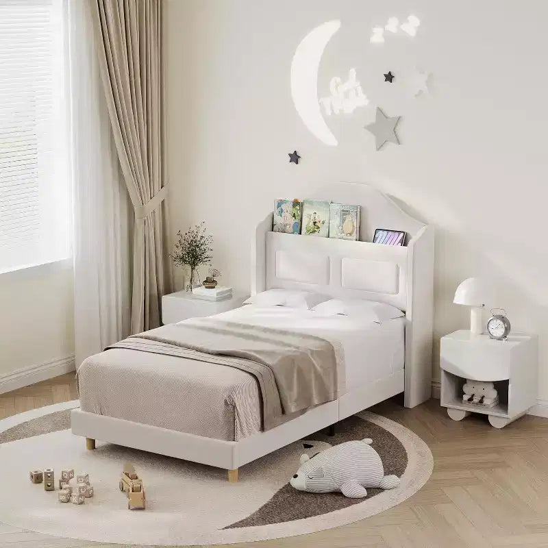 Lit plateforme en velours bleu/rose/blanc avec tête de lit de rangement LED, simple, 1 personne