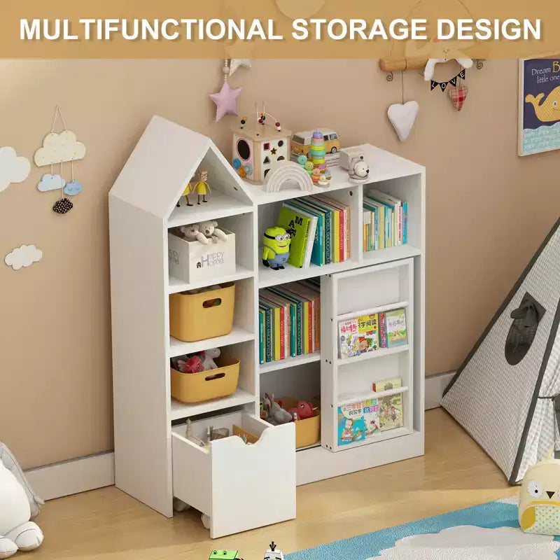Organisateur de rangement et bibliothèque pour jouets d'enfants, blanc, avec tiroirs et casiers, 111 cm, unitaire