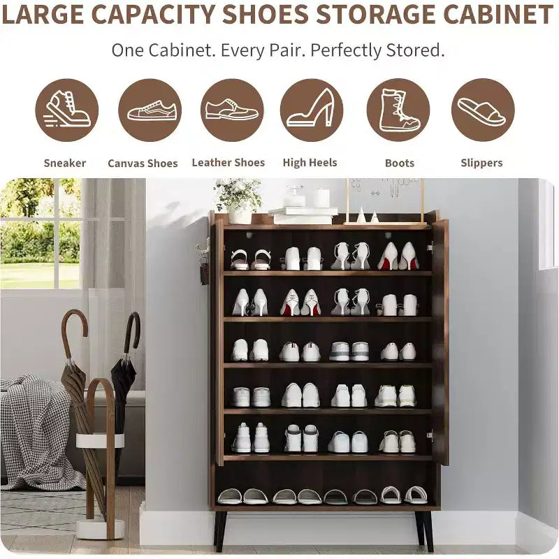 Meuble à chaussures 6 niveaux, 3 portes, noir/marron, autoportant, capacité jusqu'à 35 paires