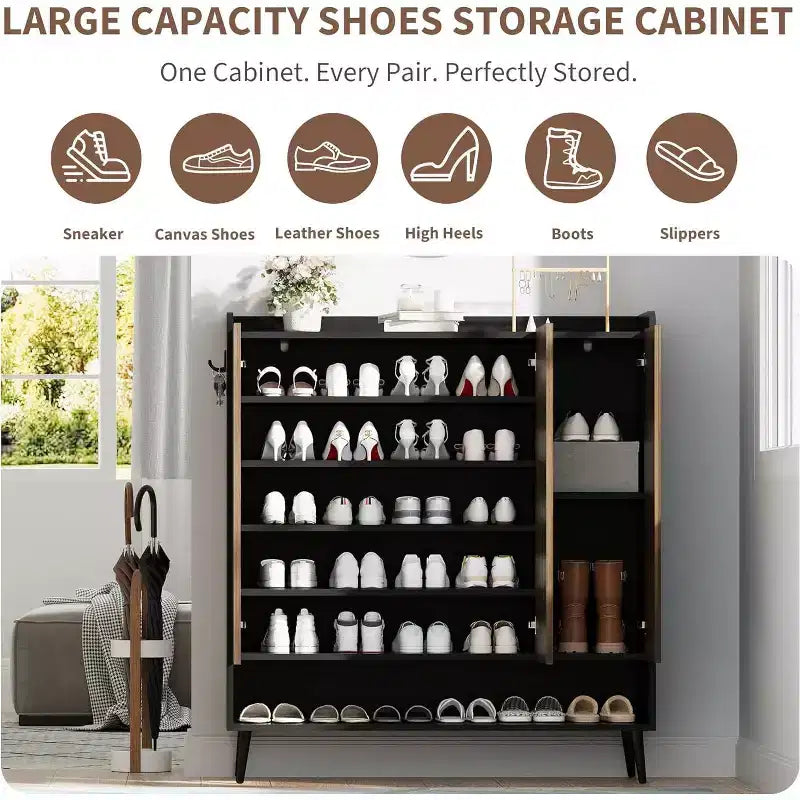 Meuble à chaussures 6 niveaux, 3 portes, noir/marron, autoportant, capacité jusqu'à 35 paires