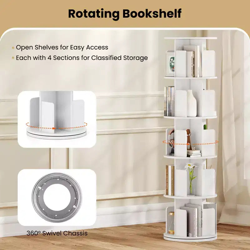 Bibliothèque rotative à 360° à 5 niveaux avec séparateurs, nature/blanc – 1 ou 2 pièces