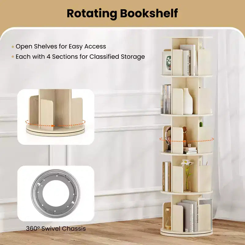Bibliothèque rotative à 360° à 5 niveaux avec séparateurs, nature/blanc – 1 ou 2 pièces