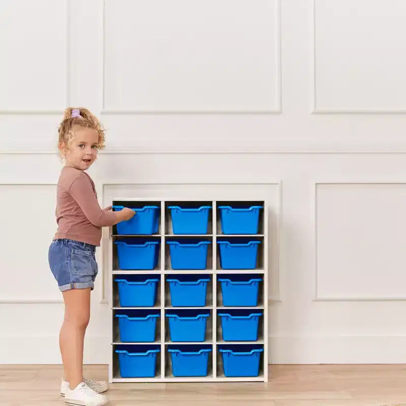 Meuble de rangement à 15 casiers avec 15 bacs à ouverture frontale, 5x3, couleurs assorties, pour enfants