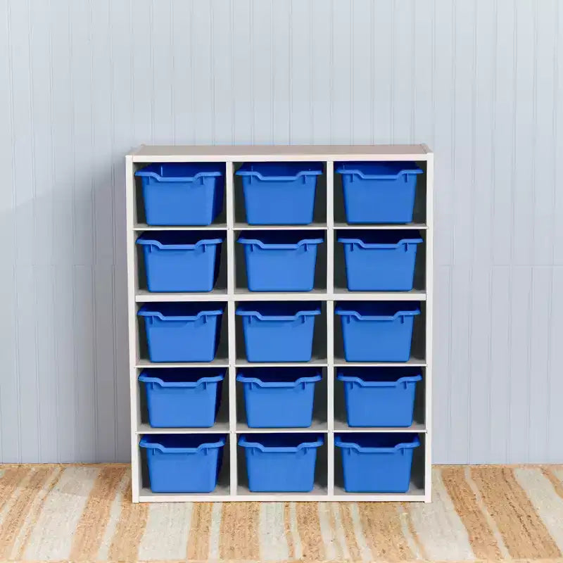Meuble de rangement à 15 casiers avec 15 bacs à ouverture frontale, 5x3, couleurs assorties, pour enfants