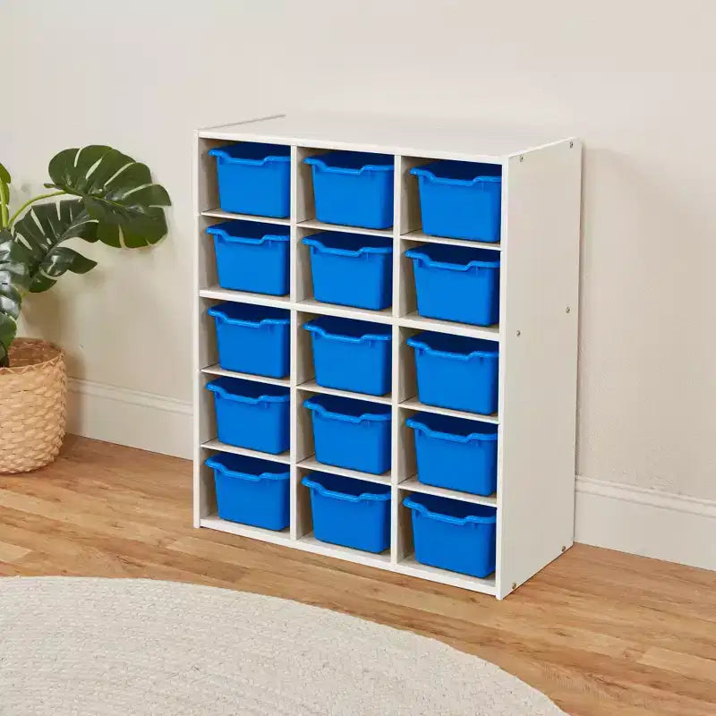 Meuble de rangement à 15 casiers avec 15 bacs à ouverture frontale, 5x3, couleurs assorties, pour enfants