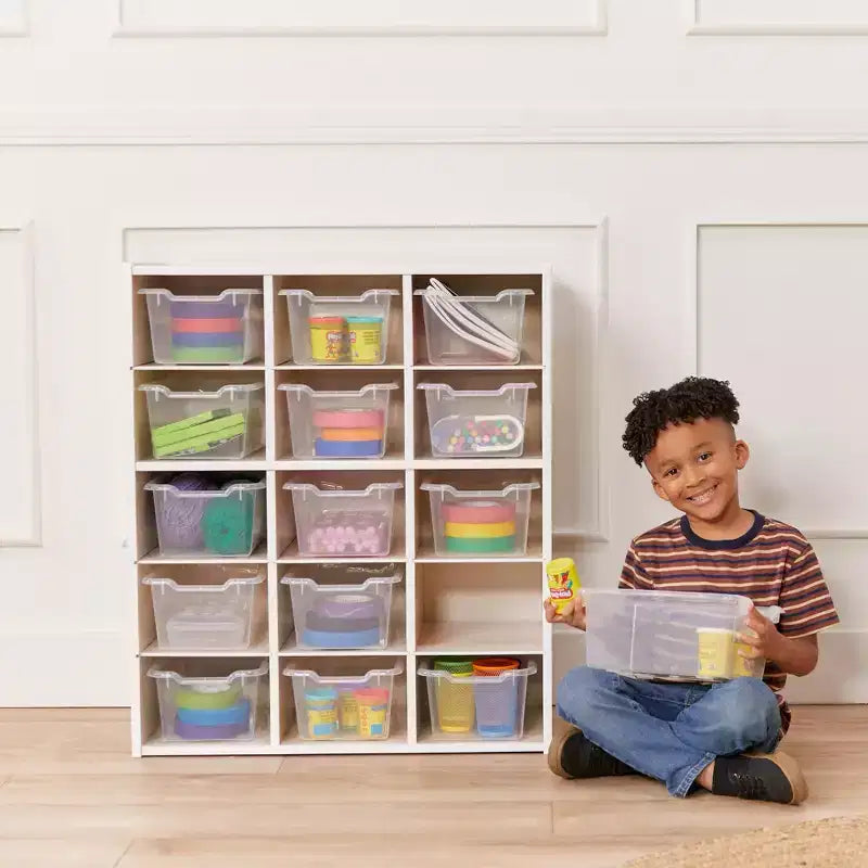 Meuble de rangement à 15 casiers avec 15 bacs à ouverture frontale, 5x3, couleurs assorties, pour enfants