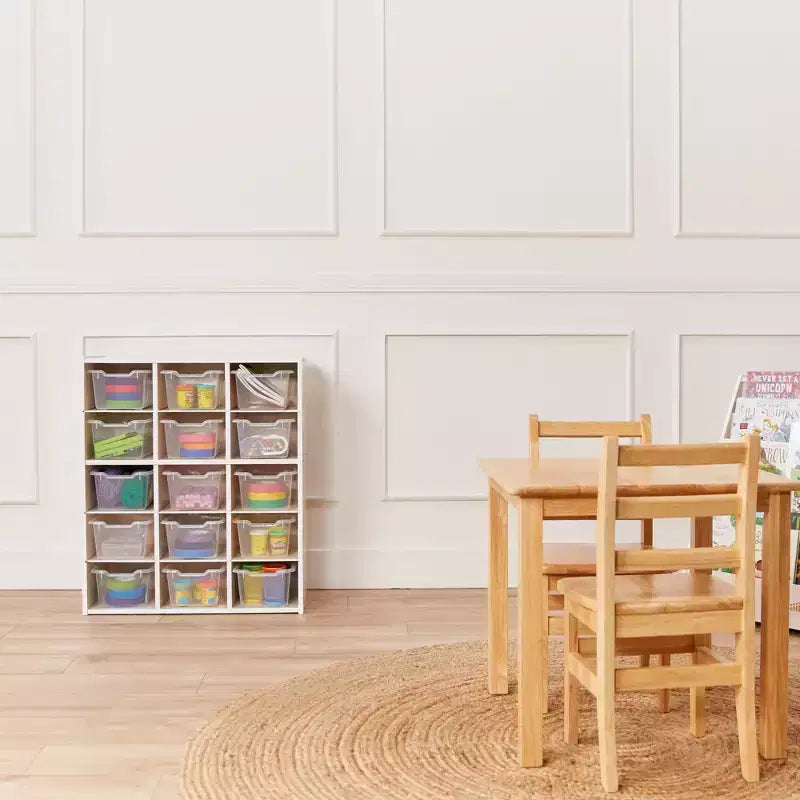 Meuble de rangement à 15 casiers avec 15 bacs à ouverture frontale, 5x3, couleurs assorties, pour enfants
