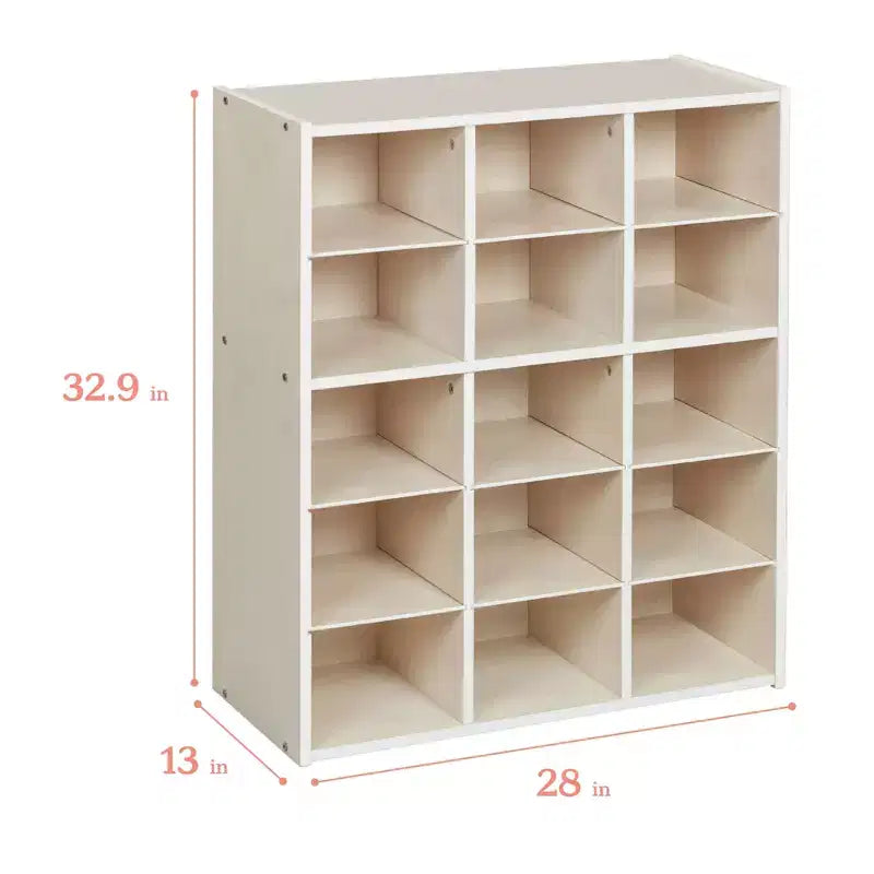 Meuble de rangement à 15 casiers avec 15 bacs à ouverture frontale, 5x3, couleurs assorties, pour enfants