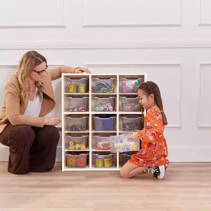 Meuble de rangement à 15 casiers avec 15 bacs à ouverture frontale, 5x3, couleurs assorties, pour enfants