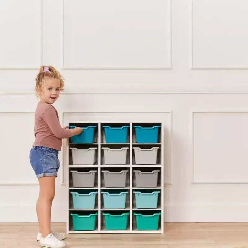 Meuble de rangement à 15 casiers avec 15 bacs à ouverture frontale, 5x3, couleurs assorties, pour enfants