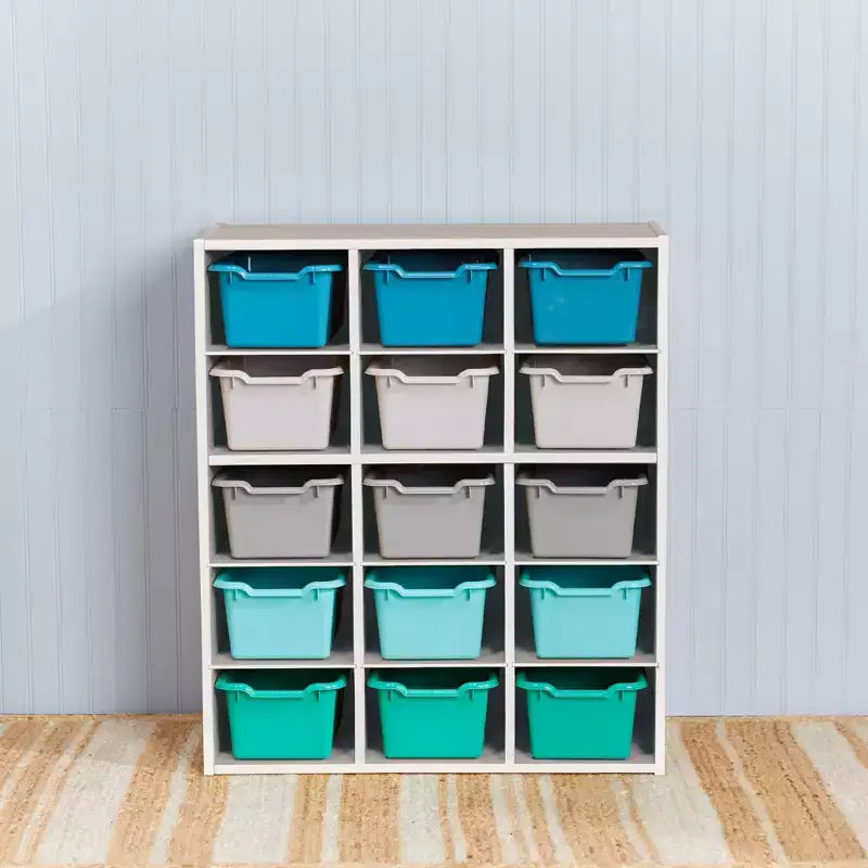 Meuble de rangement à 15 casiers avec 15 bacs à ouverture frontale, 5x3, couleurs assorties, pour enfants