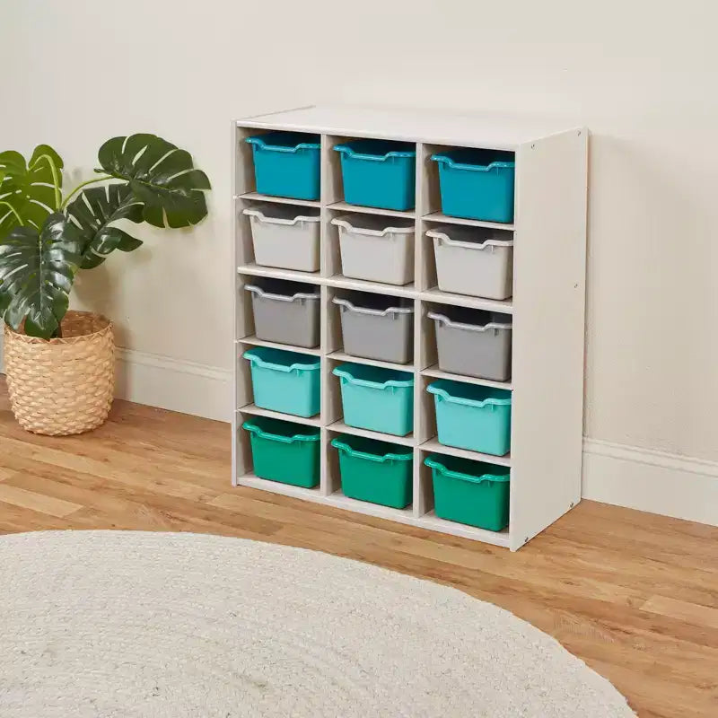 Meuble de rangement à 15 casiers avec 15 bacs à ouverture frontale, 5x3, couleurs assorties, pour enfants