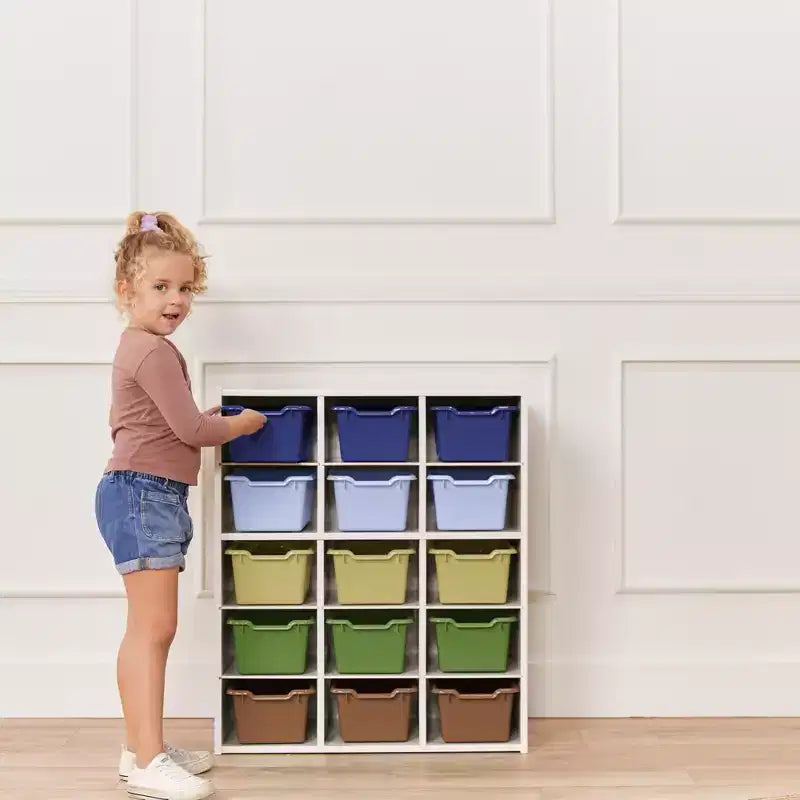 Meuble de rangement à 15 casiers avec 15 bacs à ouverture frontale, 5x3, couleurs assorties, pour enfants