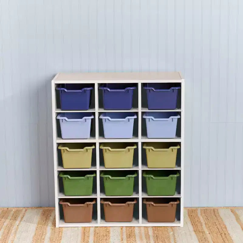 Meuble de rangement à 15 casiers avec 15 bacs à ouverture frontale, 5x3, couleurs assorties, pour enfants