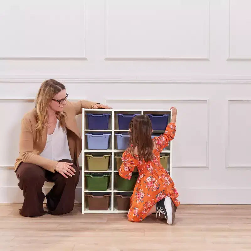 Meuble de rangement à 15 casiers avec 15 bacs à ouverture frontale, 5x3, couleurs assorties, pour enfants