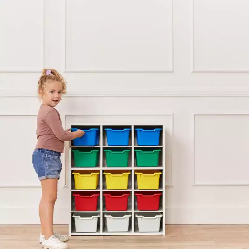 Meuble de rangement à 15 casiers avec 15 bacs à ouverture frontale, 5x3, couleurs assorties, pour enfants