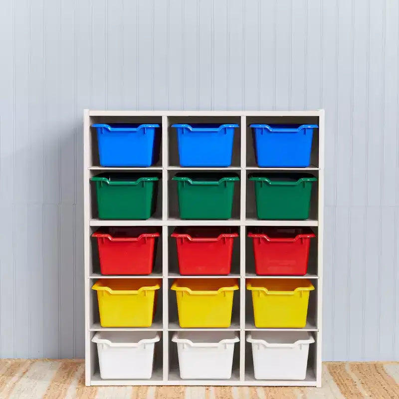 Meuble de rangement à 15 casiers avec 15 bacs à ouverture frontale, 5x3, couleurs assorties, pour enfants