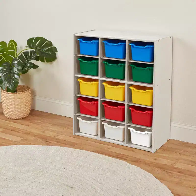 Meuble de rangement à 15 casiers avec 15 bacs à ouverture frontale, 5x3, couleurs assorties, pour enfants